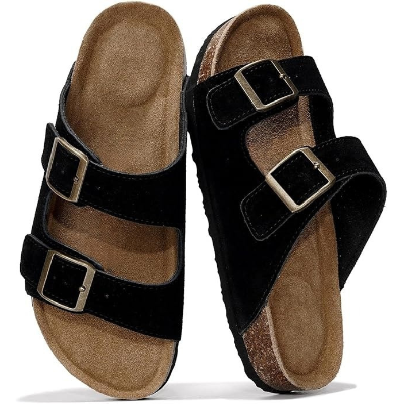 Adjustable Buckle And Cushioned Sole Leather Flat Sandals