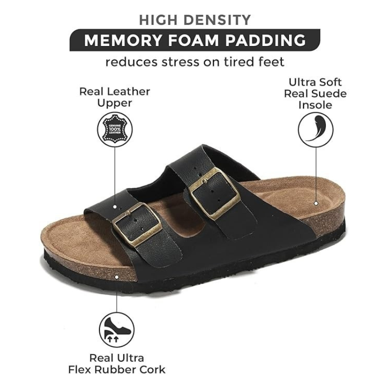 Adjustable Buckle And Cushioned Sole Leather Flat Sandals
