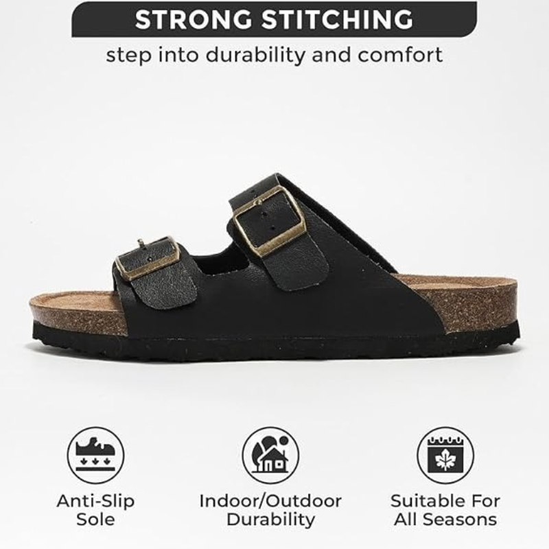 Adjustable Buckle And Cushioned Sole Leather Flat Sandals