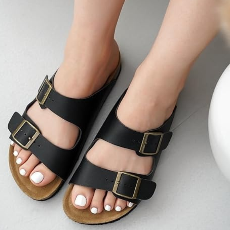 Adjustable Buckle And Cushioned Sole Leather Flat Sandals