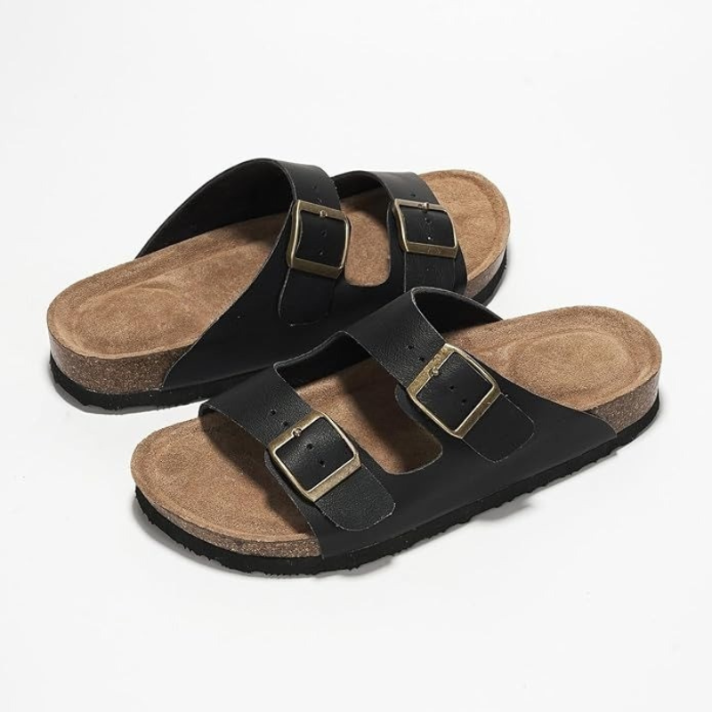 Adjustable Buckle And Cushioned Sole Leather Flat Sandals