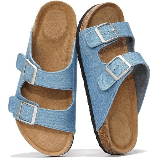 Adjustable Straps Leather Buckle Slides With Cork Footbed