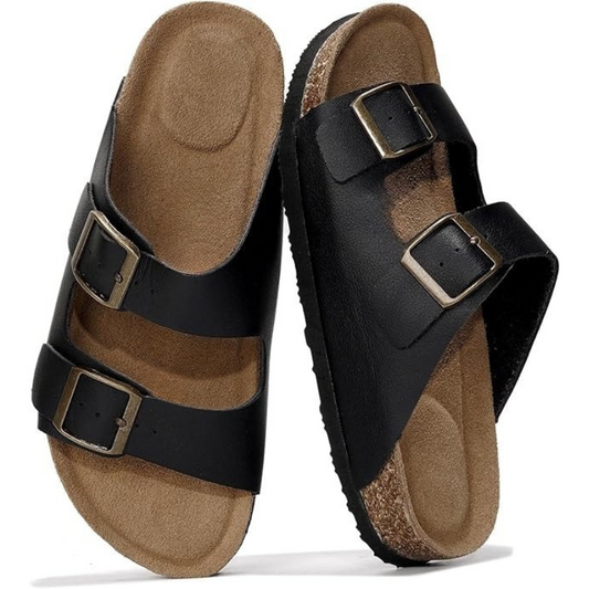 Adjustable Buckle And Cushioned Sole Leather Flat Sandals