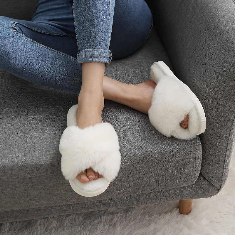 Cross Band Plush Memory Foam Slippers