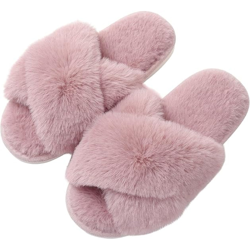 Cross Band Plush Memory Foam Slippers