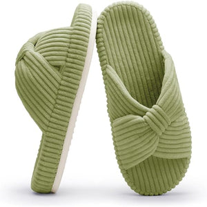 Corduroy Bow Crossband Comfy Slip On Slippers