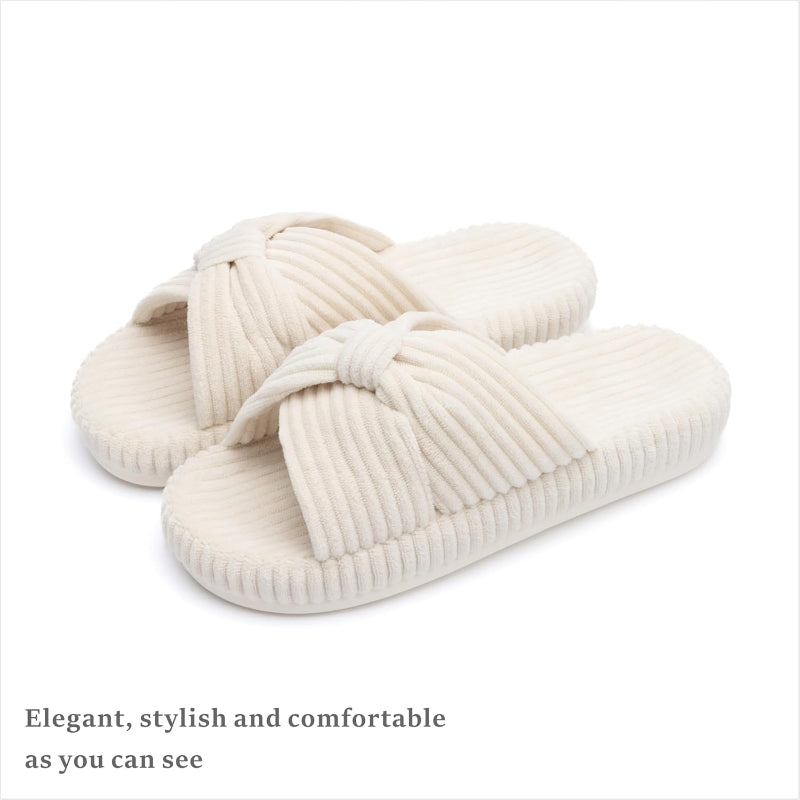 Corduroy Bow Crossband Comfy Slip On Slippers