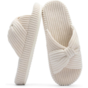 Corduroy Bow Crossband Comfy Slip On Slippers