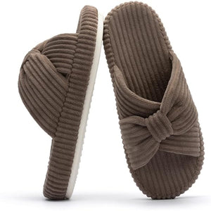 Corduroy Bow Crossband Comfy Slip On Slippers